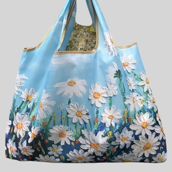 Floral Painting Nylon Shopping Tote Large Capacity Folding Bag - Picture 2 of 3